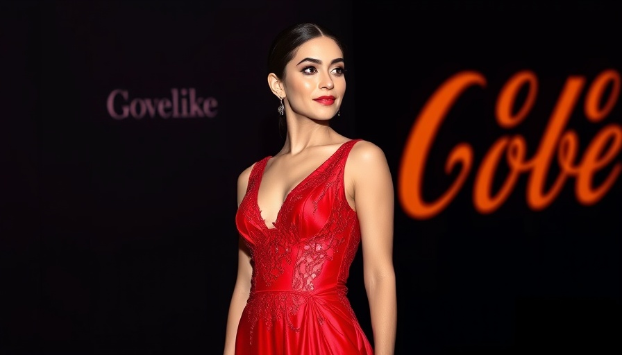 Elegant woman in red dress with confident pose at event.