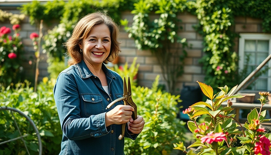 Smiling woman in garden explaining pruning techniques for organic gardening.