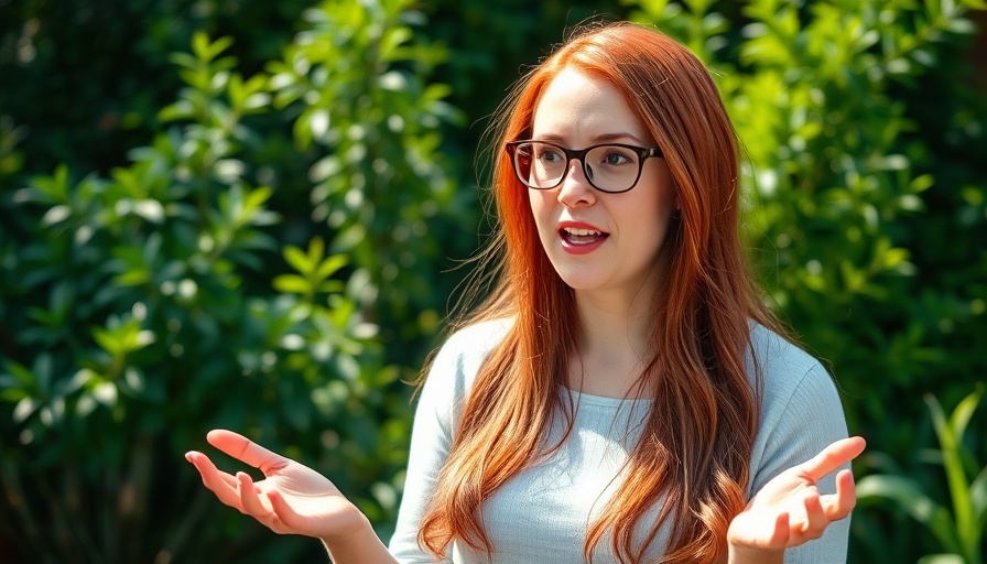 Woman with red hair explaining tomato pruning in garden setting.