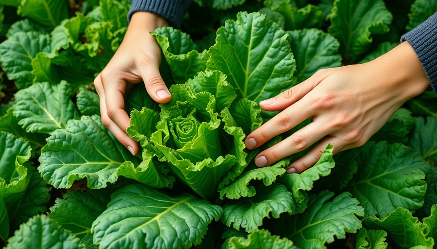 Fall gardening benefits with person tending kale leaves in garden.