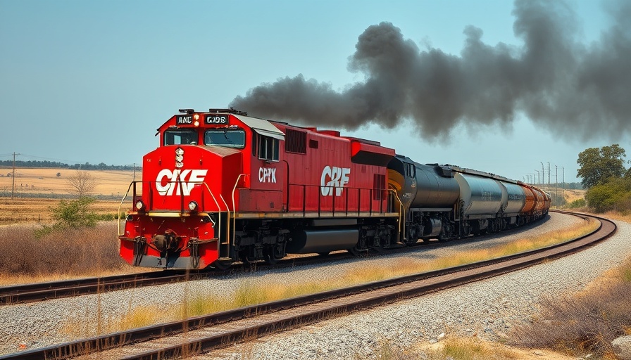 Red CPKC train moving on tracks in rural landscape, emitting smoke.