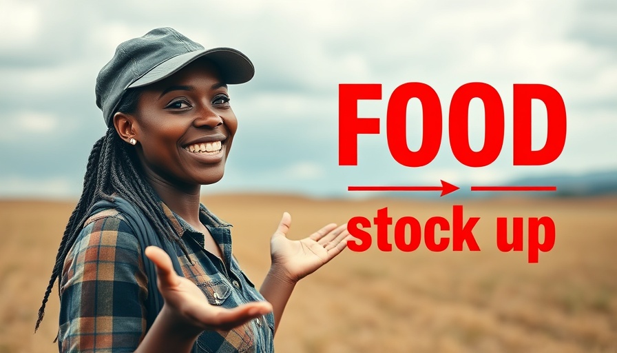 Graphic of woman in field with 'FOOD stock up' text and arrow.