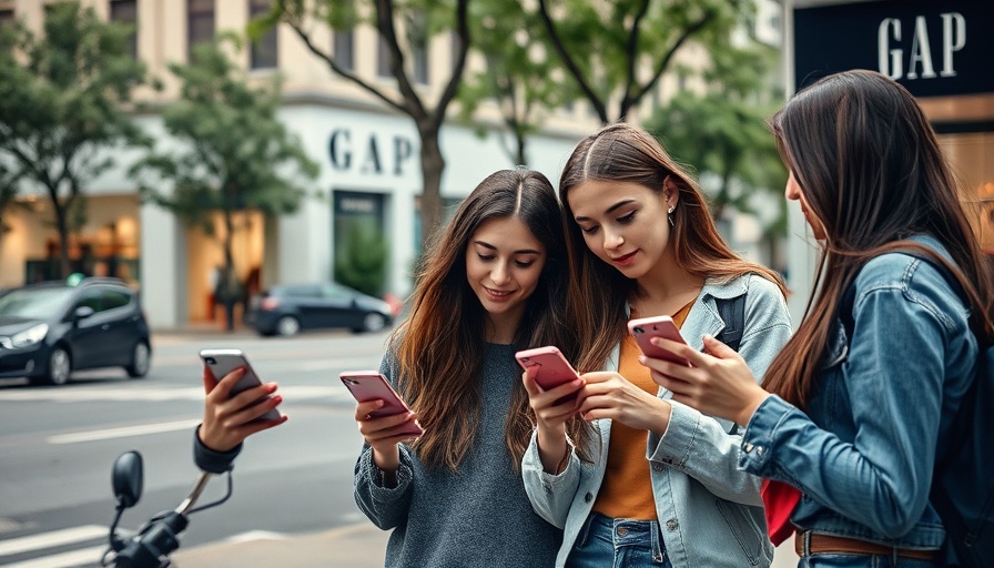 Casual young women outside GAP Outlet, interacting with phones.
