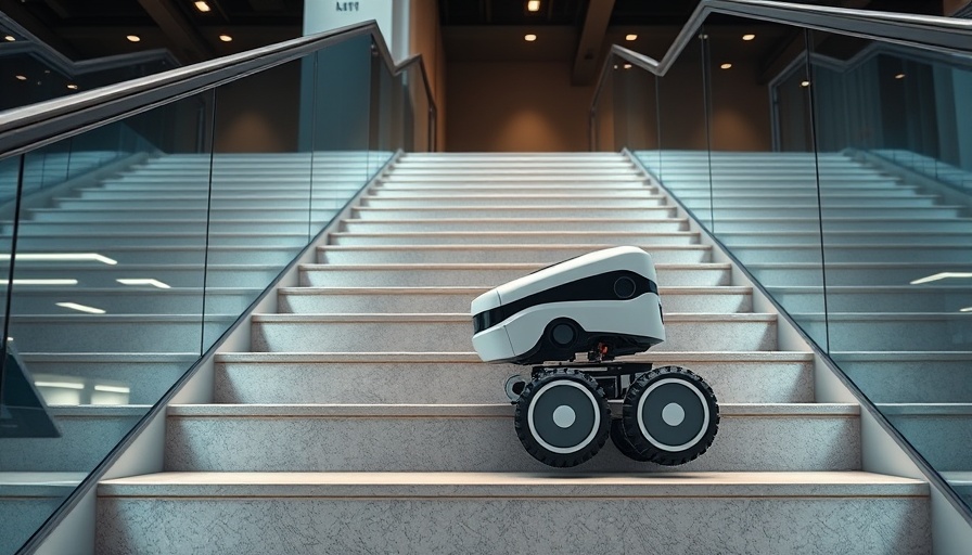 Sleek stair-climbing robot vacuum on illuminated modern stairs