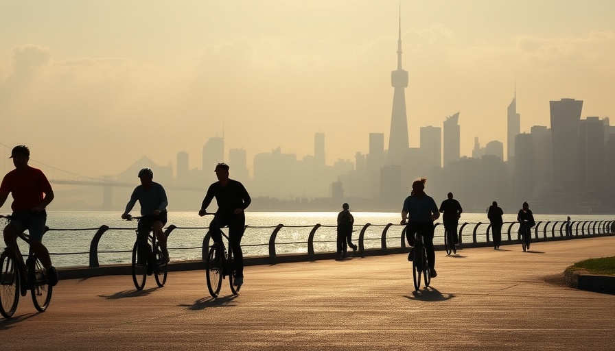 B.C. wildfire air quality warning with silhouetted cyclist against hazy city skyline.