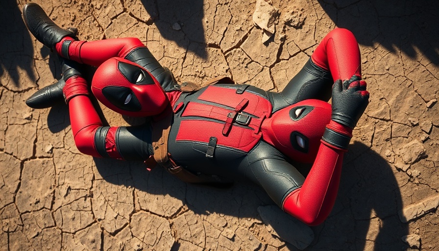 Dynamic Deadpool in costume lying on cracked ground, bright sunlight.