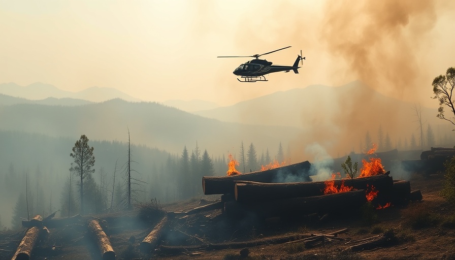 Aerial view of Banff wildfire response efforts with helicopter.