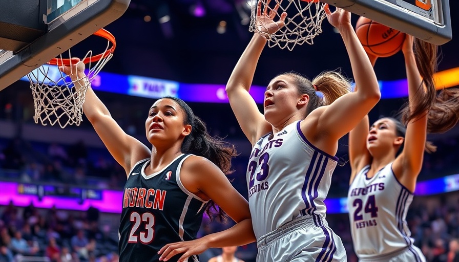 Women's basketball league Unrivaled intense action under hoop.