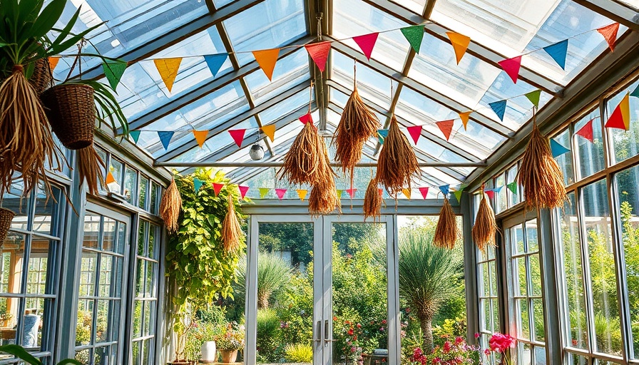 Dried plants and colorful bunting in a glass greenhouse for garden craft ideas with Burpee seeds.