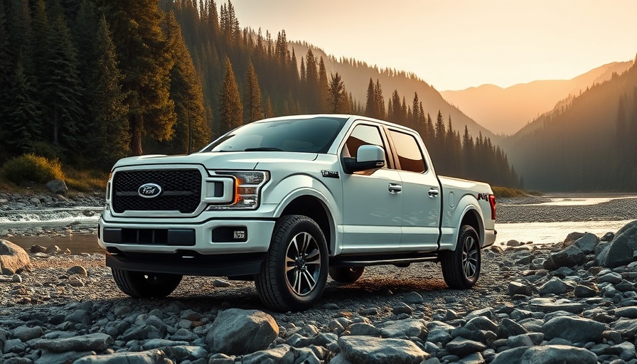 Ford Ready Set Ford campaign: white truck by river in scenic landscape.
