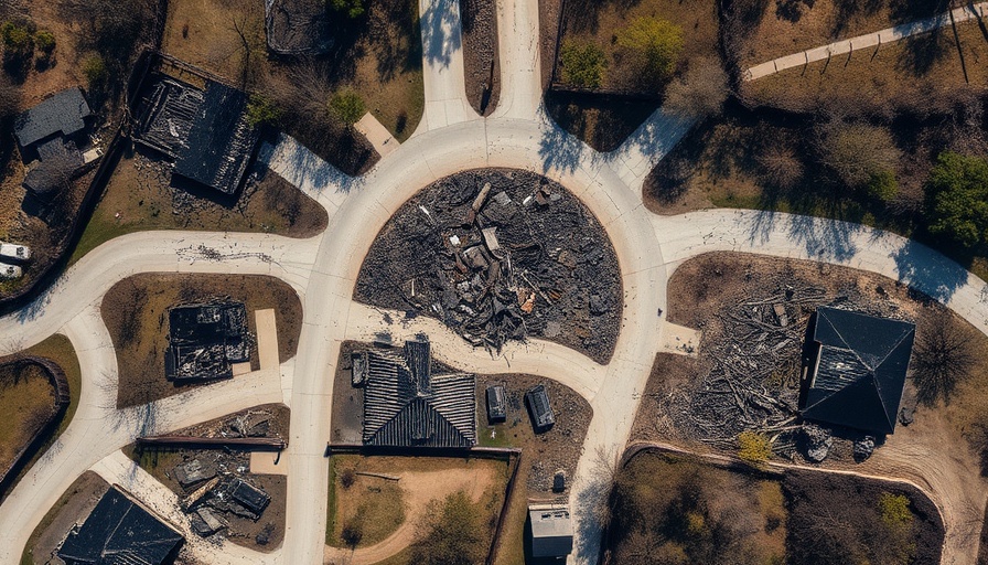 Aerial view of destroyed cul-de-sac in a built-up area.