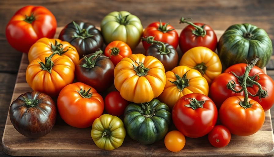 A variety of colorful heirloom tomatoes on a wooden board.