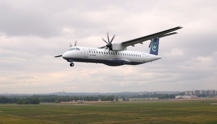 ATR 72-500 airplane mid-flight over grassy field, cloudy sky.