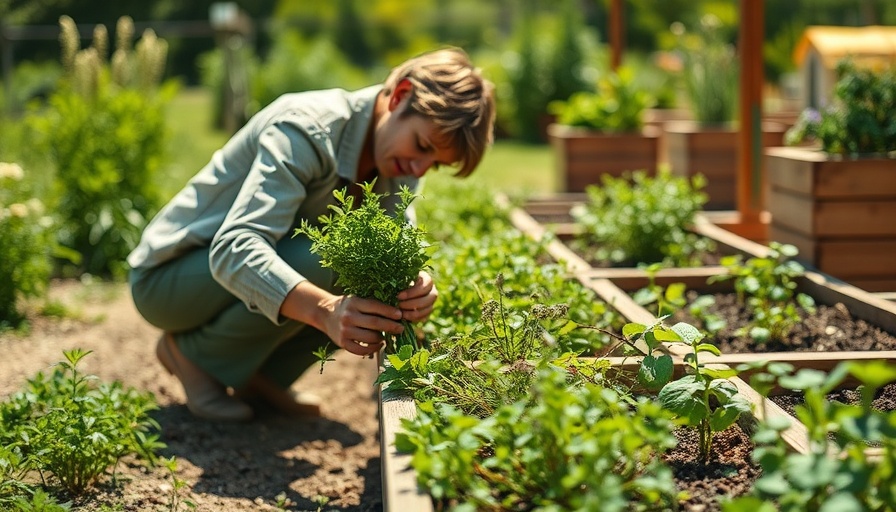 Person harvesting herbs beside garden bed in summer.