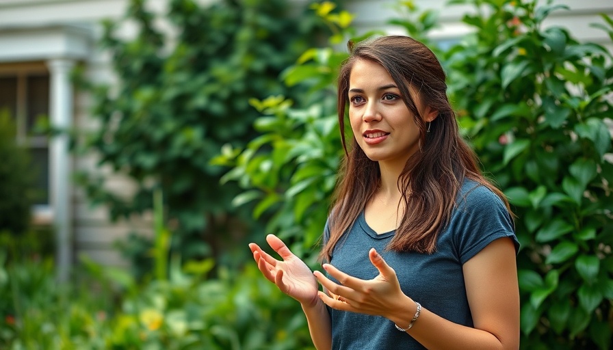 Young woman discussing composting in lush garden environment.