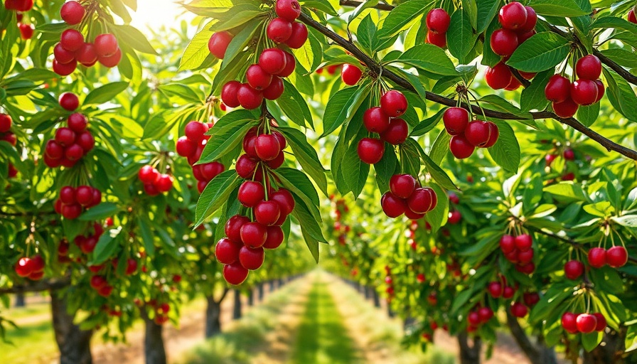 Lush cherry orchard in Kelowna with sunlight and vibrant colors.