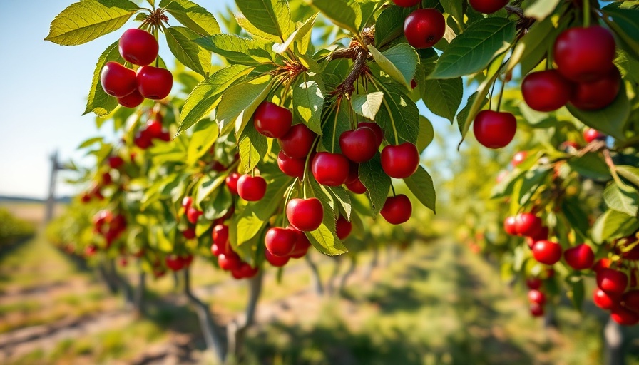Ripe cherries in a lush orchard under blue sky.