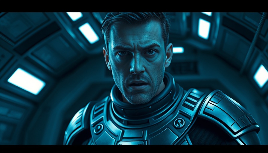 Futuristic character in metallic uniform looking startled in spaceship.