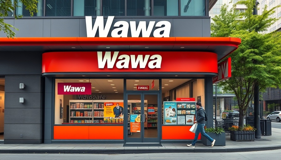 Wawa convenience store entrance with person exiting, greenery in foreground.