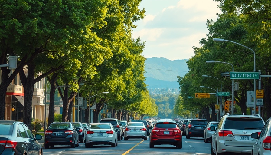 Kelowna's bustling street view showing traffic and green surroundings.