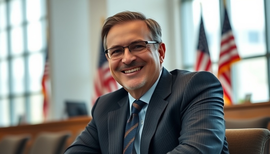 Businessman smiling at event with American flags