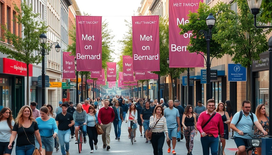 Meet Me on Bernard pedestrian-only zone vibrant street scene with people and banners.