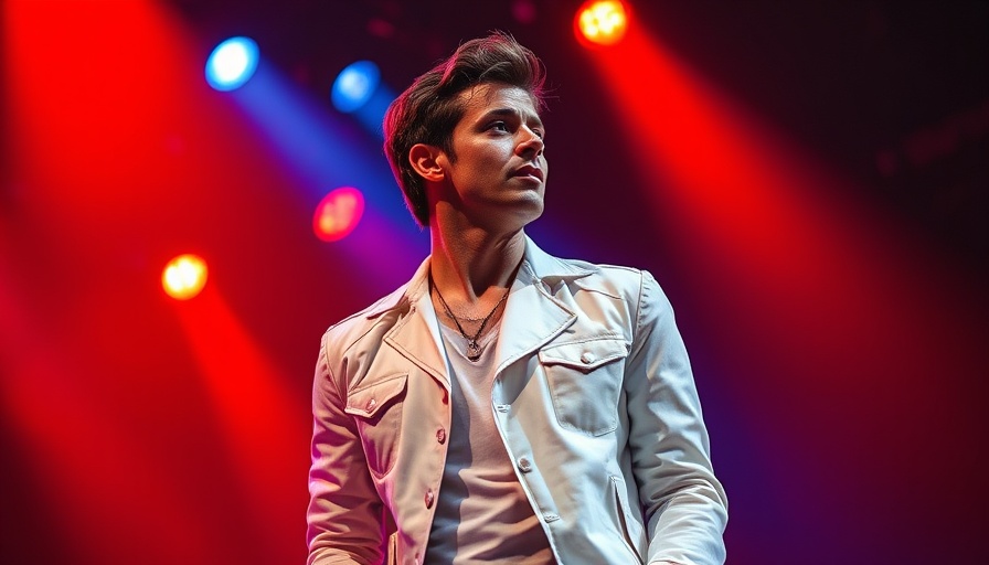 Charismatic male singer performing on stage with expressive look and vibrant lighting.