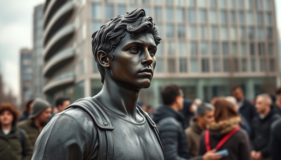 Terry Fox sculptures with people gathered around, overcast day.