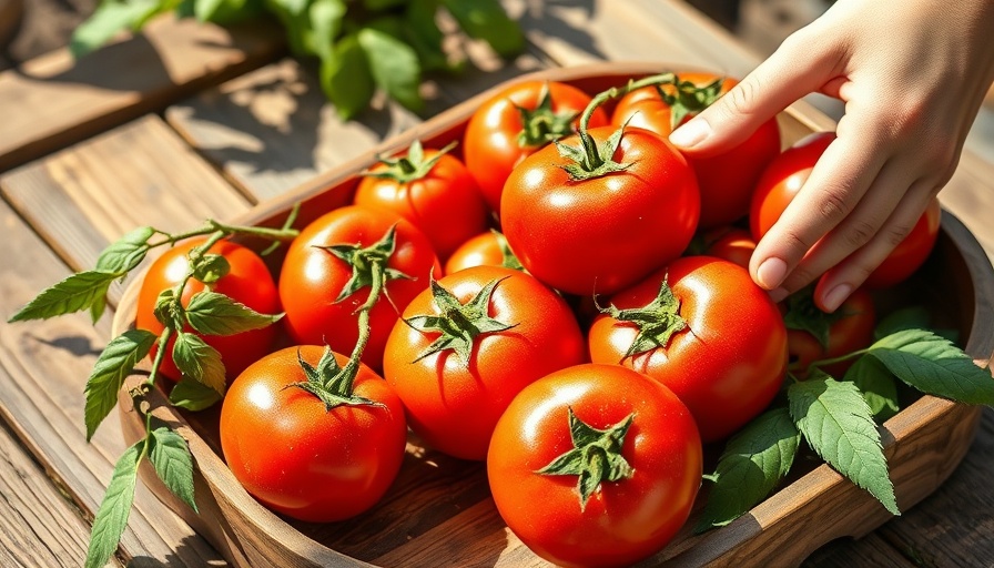 Vibrant Long-Keeper Tomatoes on wooden tray in sunlight.
