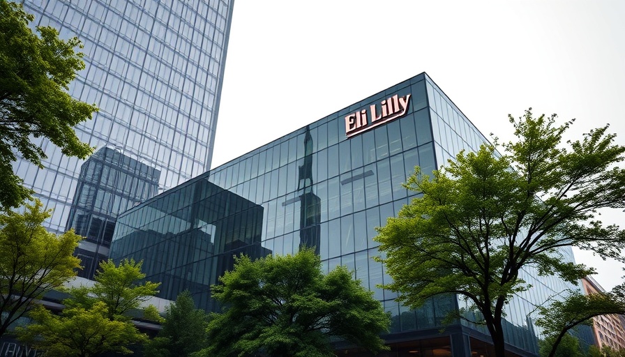 Eli Lilly building with glass facade and logo under cloudy sky.