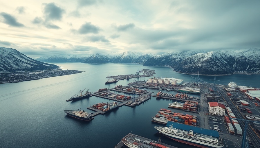 B.C. LNG Megaproject: Aerial view of harbor and port near mountains.