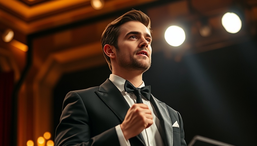 Well-dressed male presenter speaks on stage, cinematic lighting.