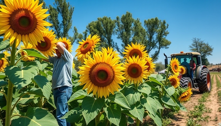 Workers removing giant sunflowers in garden with tractor.