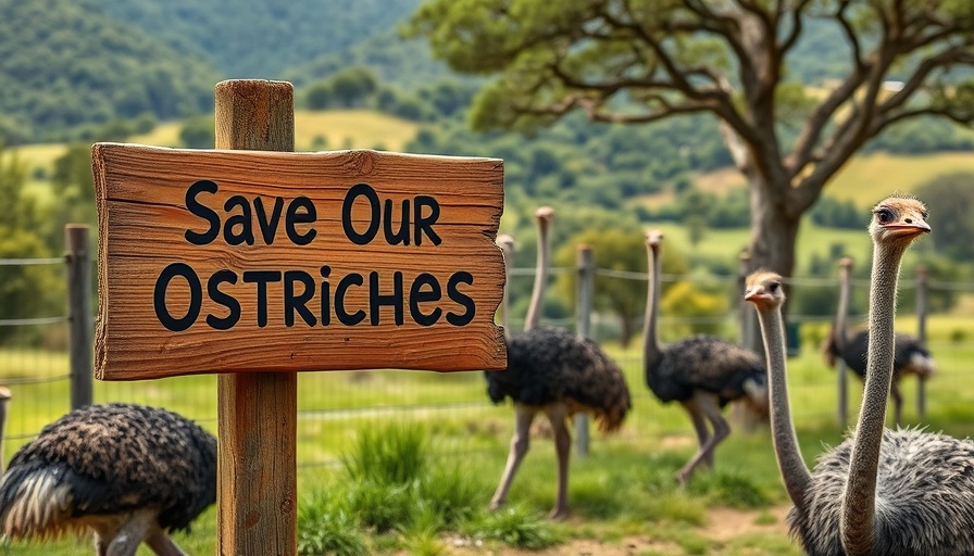British Columbia ostriches relocation sign in rural enclosure.