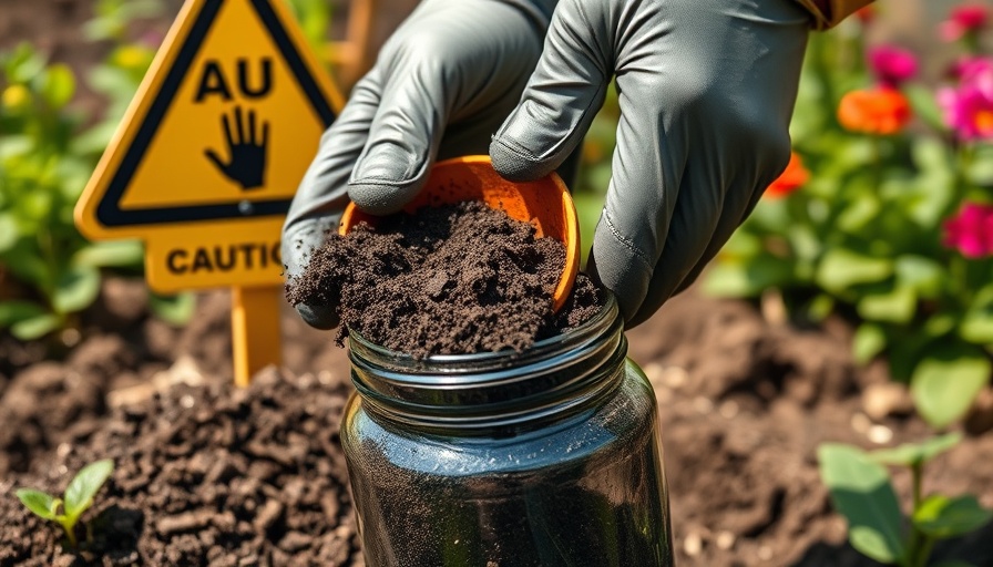 Gloved hands handling soil in a garden with a caution sign.