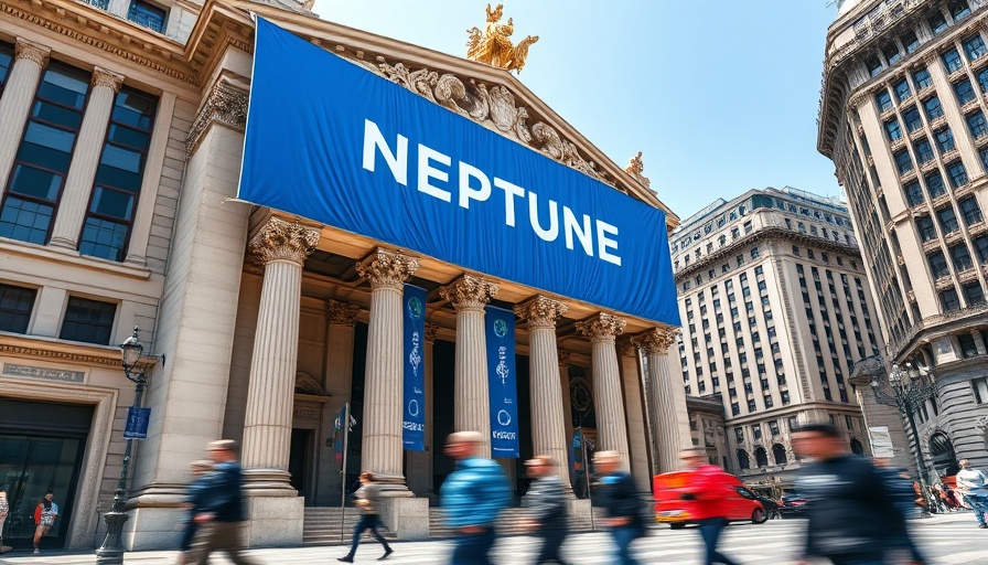 Neptune Flood IPO banner on stock exchange facade.