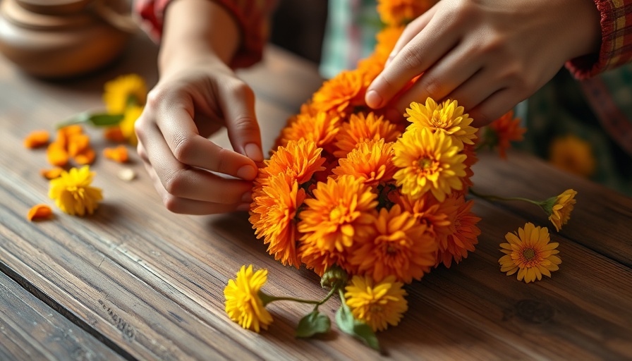 Crafting marigold garland on wooden table, marigold garland gardening tips.