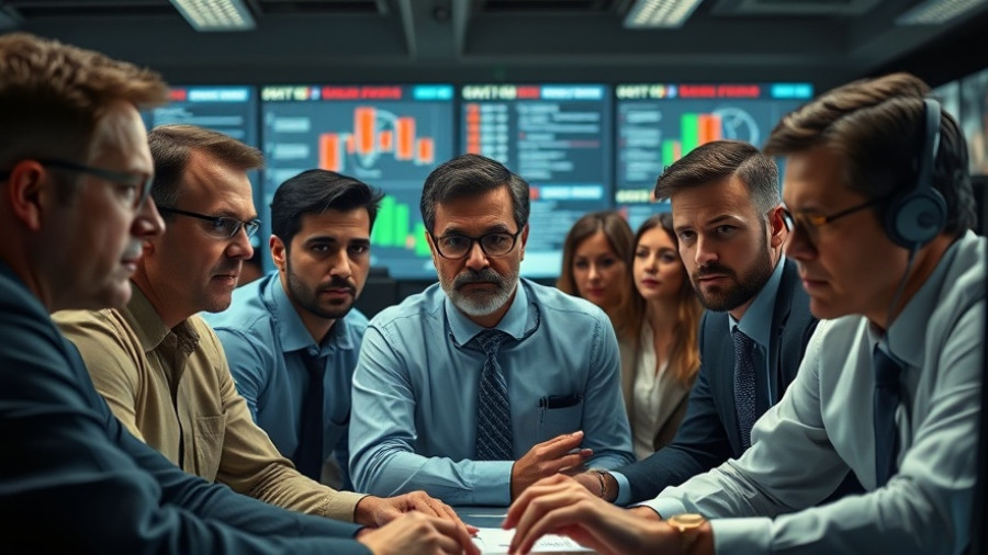 Diverse professionals in office, nuclear war movie theme.