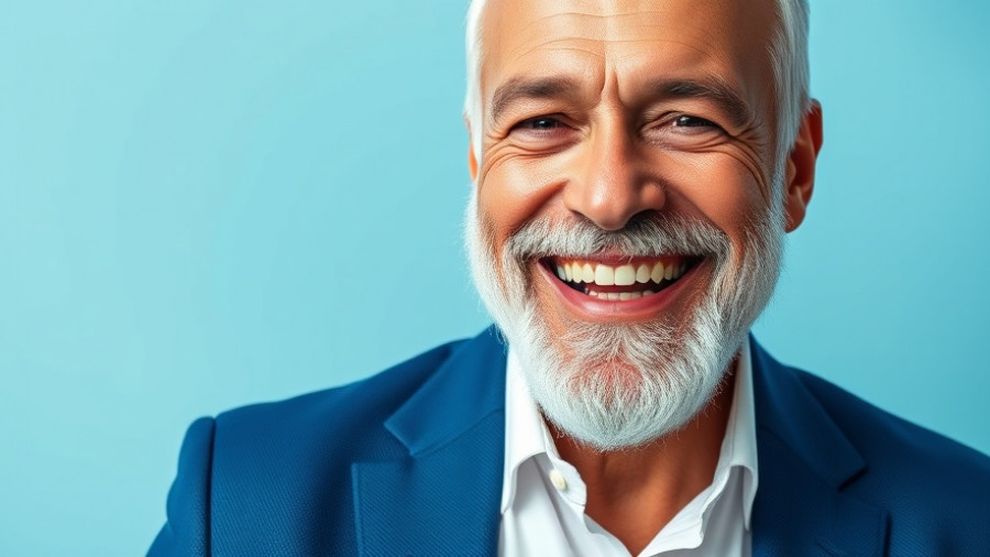 Smiling older man with beard in a suit, close-up, bright ambient light