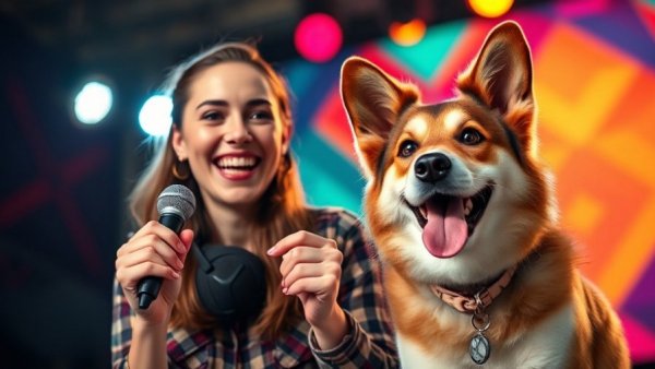 America's Got Talent dog act with woman and performing dog on stage.