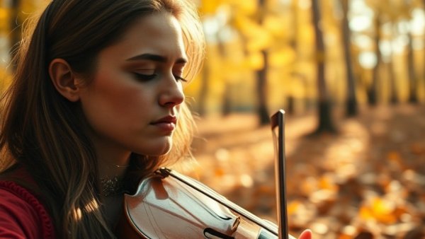 Thoughtful female musician in autumn forest, self-reflection.