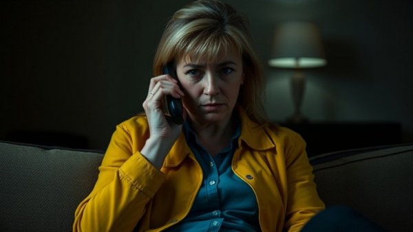 Concerned woman with phone, Pluribus Rhea Seehorn review context.