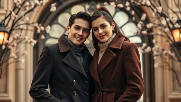 Elegant duo in stylish coats in a theatrical setting, Wicked: One Wonderful Night live soundtrack.