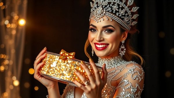 Stunning model in elegant sparkle showcasing Charlotte Tilbury product.