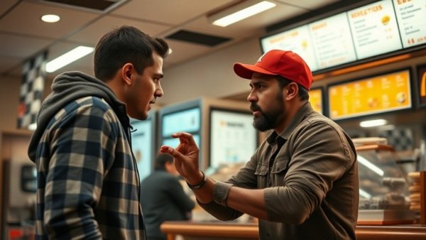 Tense interaction at fast food counter showing customer service aggression.