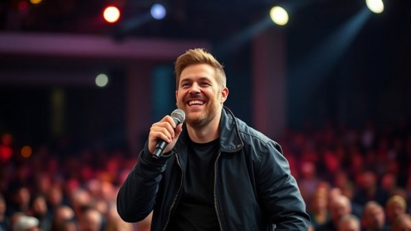 Bearded man smiling on stage with microphone during concert.