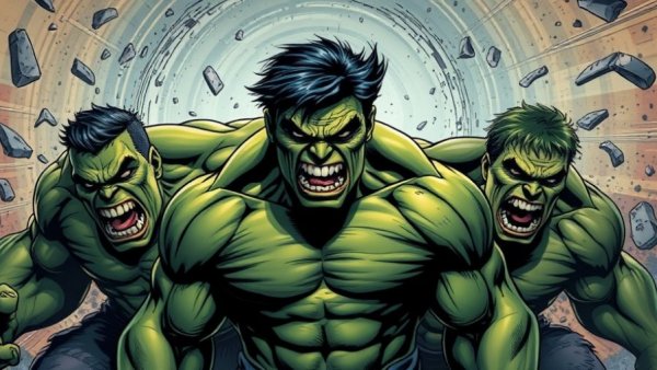 Three strongest versions of the Hulk in dynamic comic style.