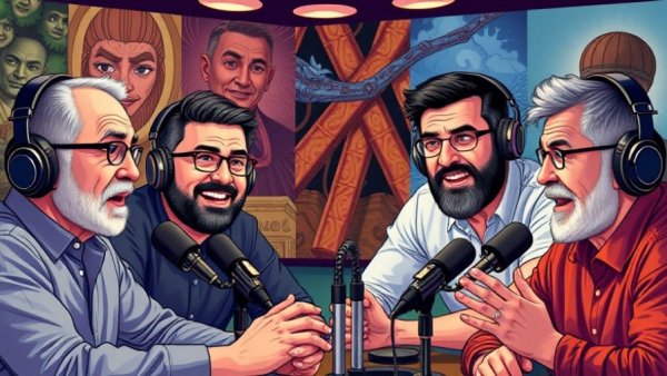 Podcast discussing Blake Lively vs Justin Baldoni with four male participants.