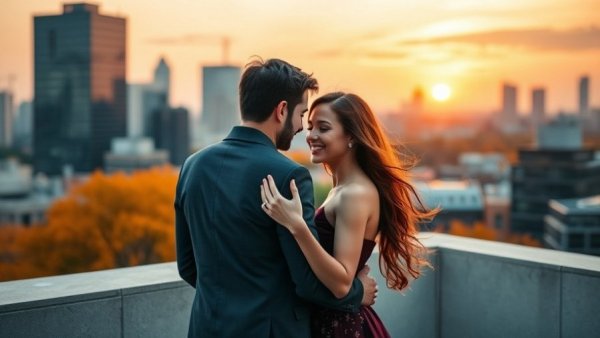 Nick and Vanessa Lachey's love story amidst a sunset cityscape.