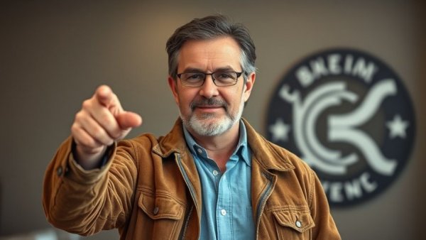 Man discussing in a casual brown jacket, indoor setting.